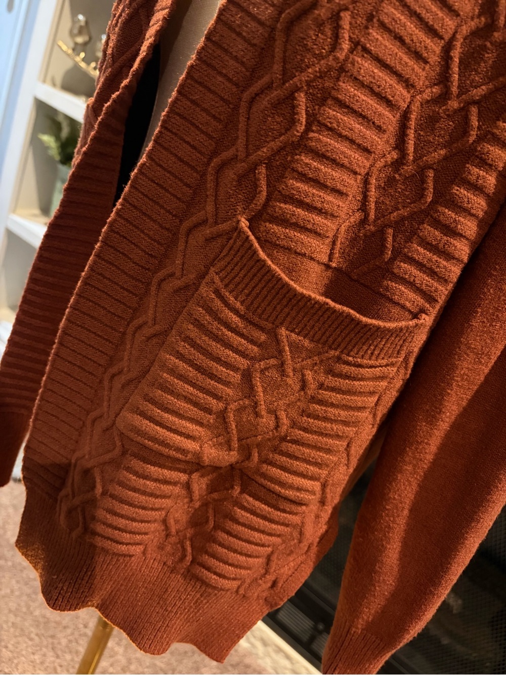 Rust/Brown Cable-Knit Open Cardigan Sweater - Women - Picture 3 of 4